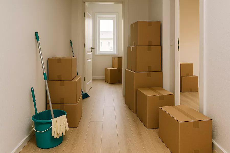 Städning och logistik vid lägenhetsbyte – flyttkartonger i en hall
